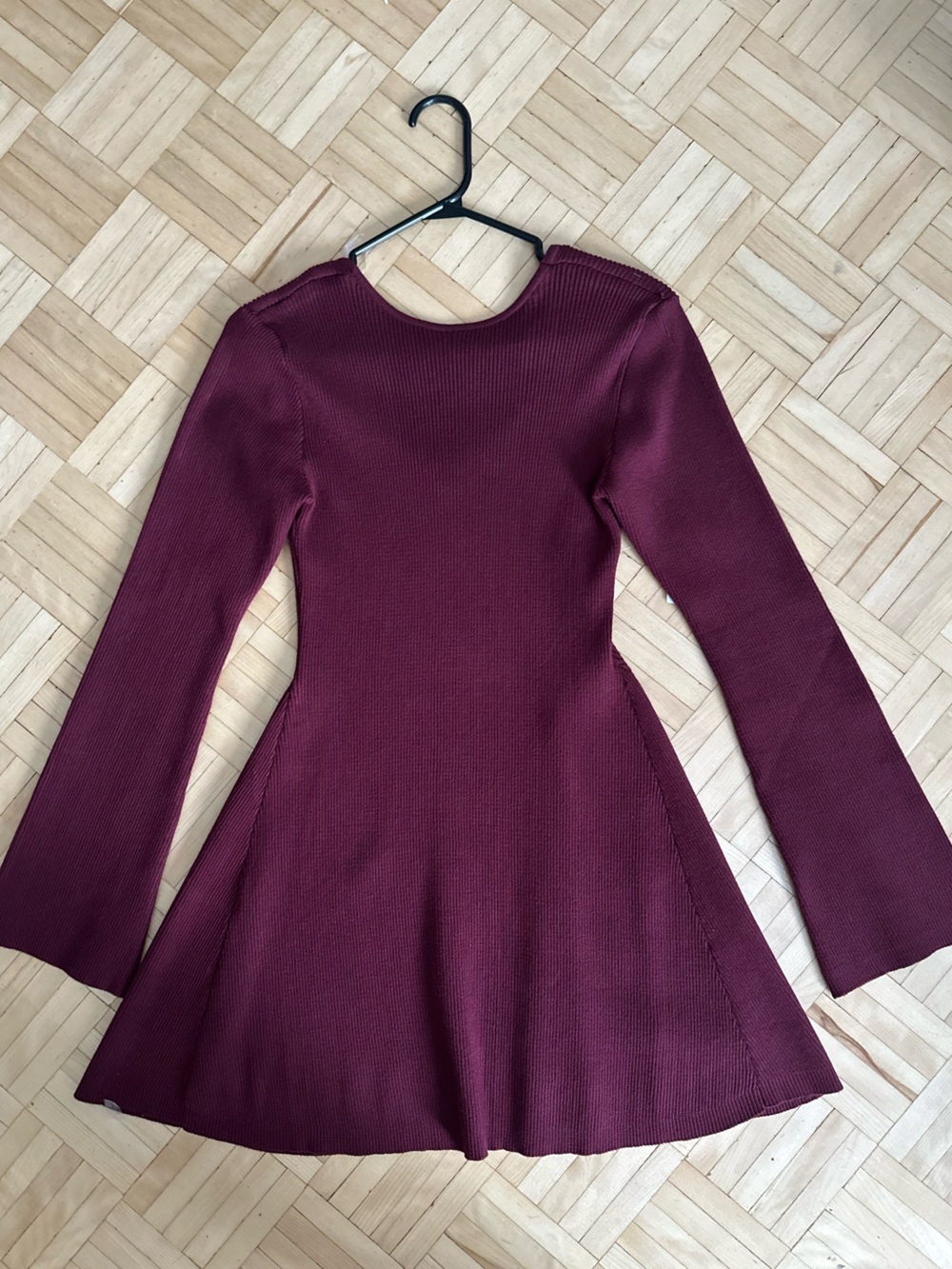 Long-Sleeve Fit-and-Flare Knit Dress in Burgundy